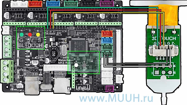 Схема подключения BLTouch датчика высоты стола 3D принтера к контроллеру MKS Robin Nano V 1.2
